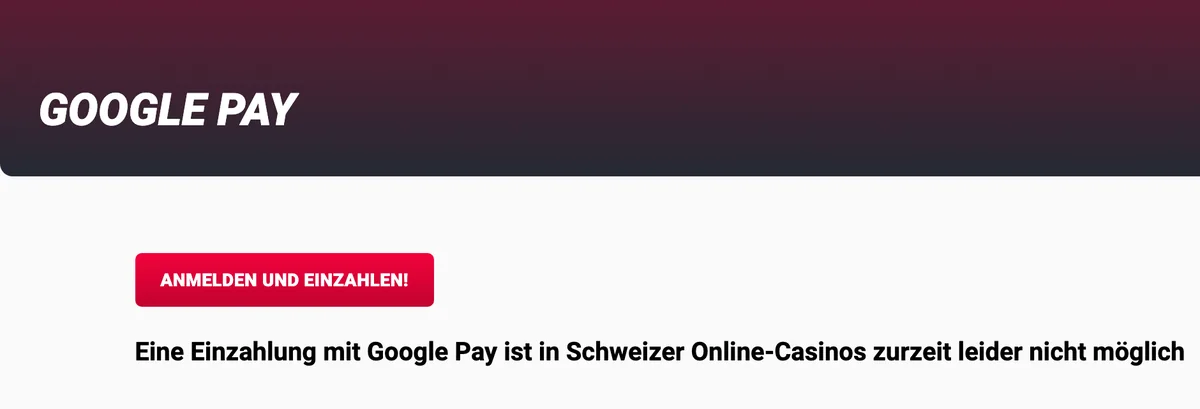 Hinweis von Jackpots.ch: Google Pay ist in Schweizer Online-Casinos zurzeit nicht möglich
