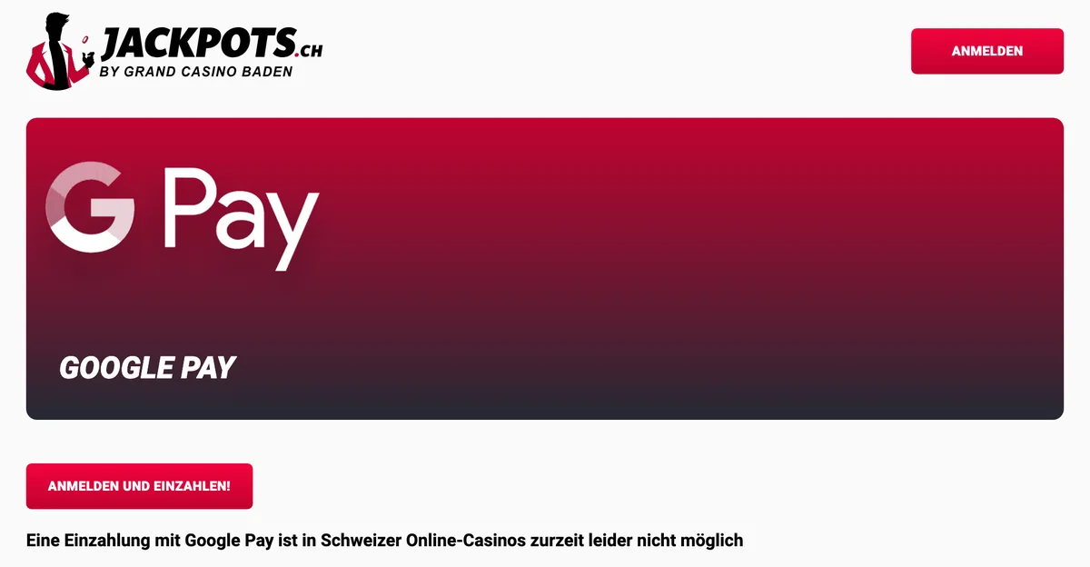 Google-Pay-Seite von Jackpots.ch: Einzahlung mit Google Pay in Schweizer Online-Casinos zurzeit nicht möglich, Stand Oktober 2026
