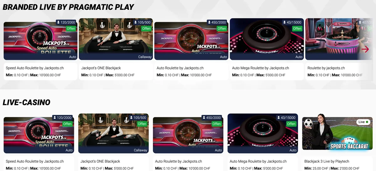 Live-Tische bei Jackpots.ch mit Jackpot's ONE Blackjack ab CHF 0.10 und Blackjack von Playtech