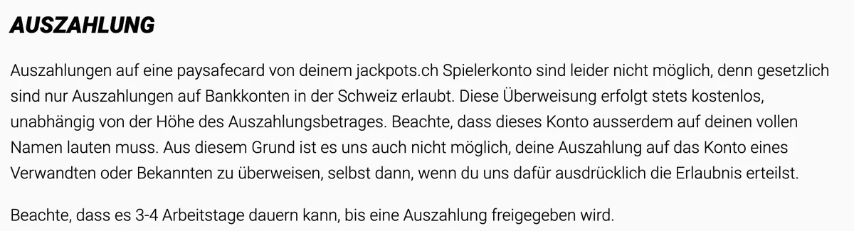 Hinweis von Jackpots.ch: keine Auszahlung auf die Paysafecard, nur auf ein Bankkonto in der Schweiz, Stand Oktober 2026