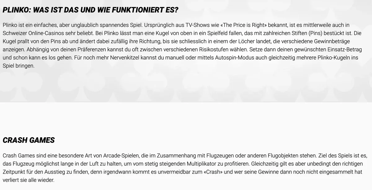 Abschnitte zu Plinko und Crash Games im Arcade-Bereich von Jackpots.ch