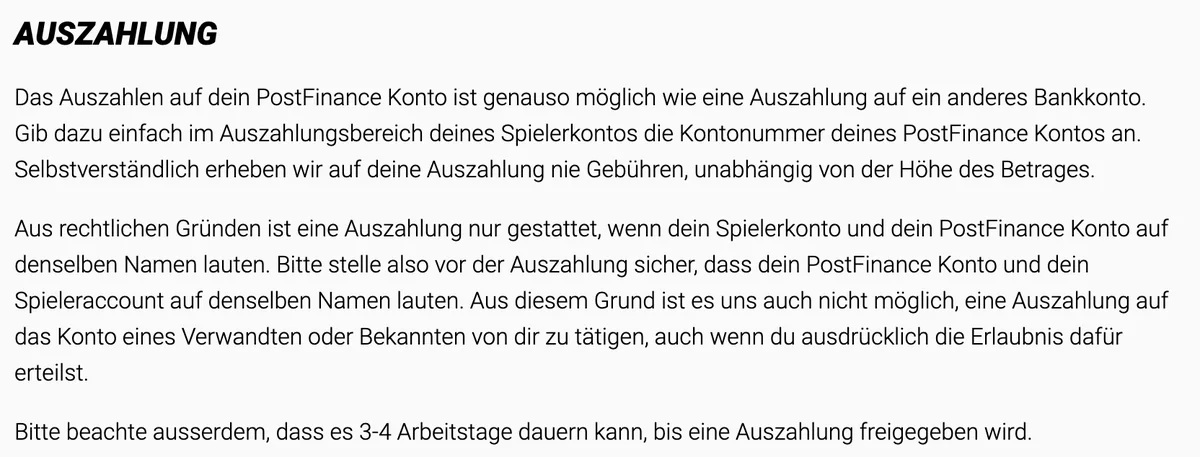 Hinweis von Jackpots.ch zur Auszahlung auf ein PostFinance-Konto mit gleichem Namen, Freigabe in 3 bis 4 Arbeitstagen, Stand Oktober 2026