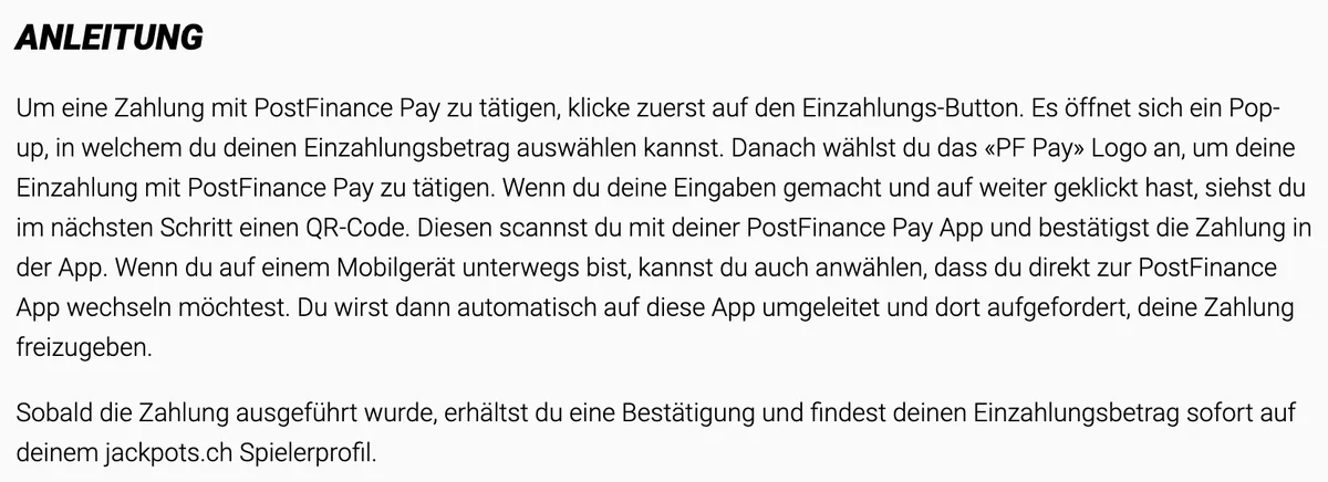 Anleitung von Jackpots.ch für die Einzahlung mit PostFinance Pay per QR-Code