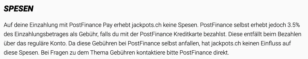 Hinweis von Jackpots.ch zur Gebühr von 3,5 % mit der PostFinance-Kreditkarte, Stand Oktober 2026