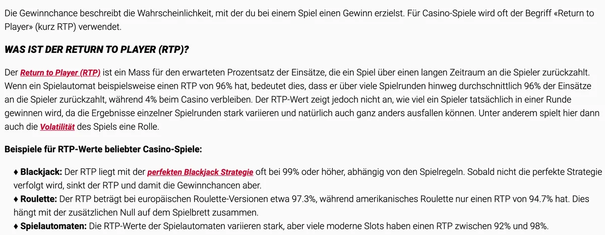 Ratgeber von Jackpots.ch mit RTP-Werten für Blackjack, Roulette und Slots