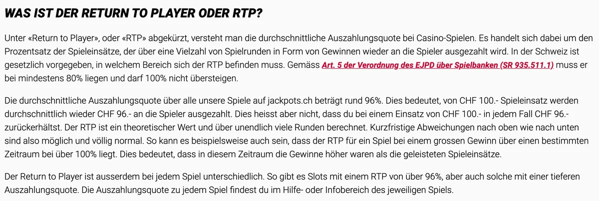 Ratgeber von Jackpots.ch zur Auszahlungsquote mit Rechenbeispiel: von CHF 100 fliessen im Mittel CHF 96 zurück
