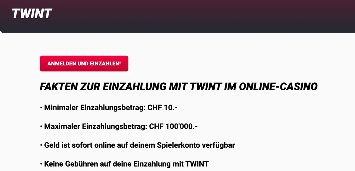 TWINT bei Jackpots.ch: CHF 10 bis CHF 100'000 pro Einzahlung, sofort verfügbar, keine Gebühren, Stand Oktober 2026