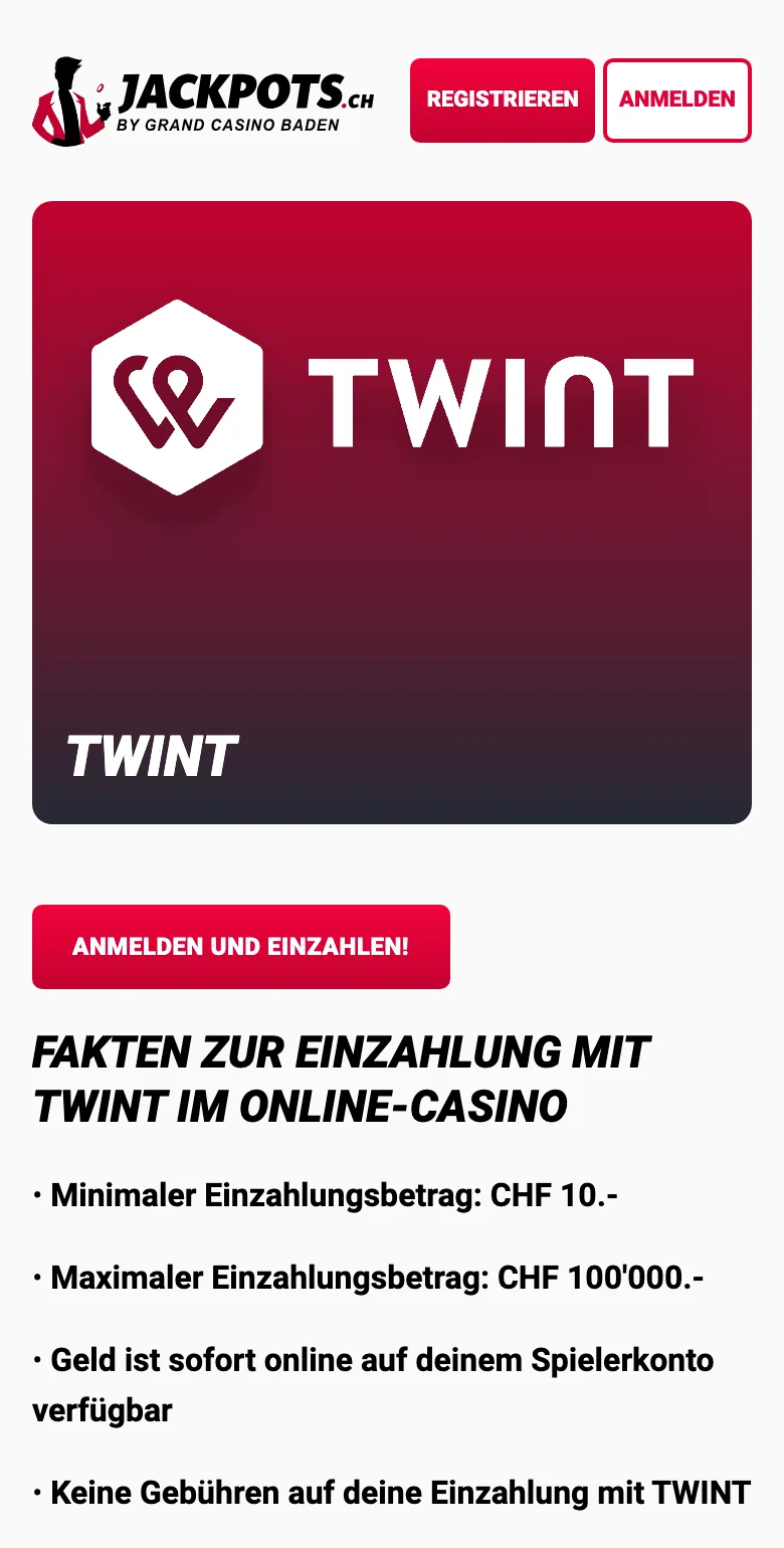 TWINT bei Jackpots.ch auf dem Smartphone: CHF 10 bis CHF 100'000 pro Einzahlung, Stand Oktober 2026