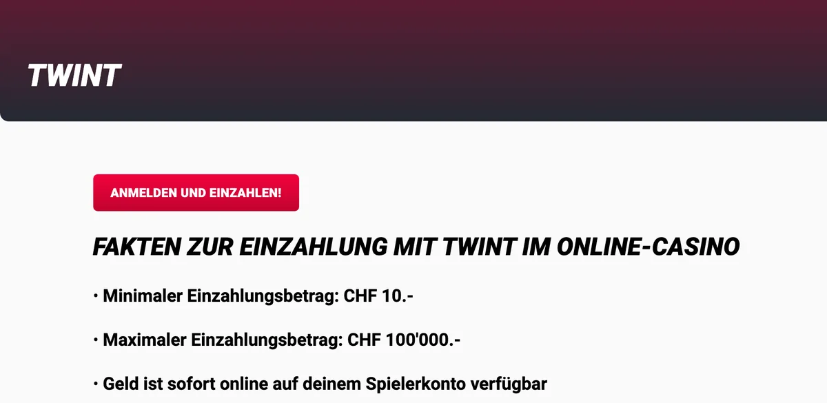 TWINT-Seite von Jackpots.ch mit minimalem Einzahlungsbetrag von CHF 10