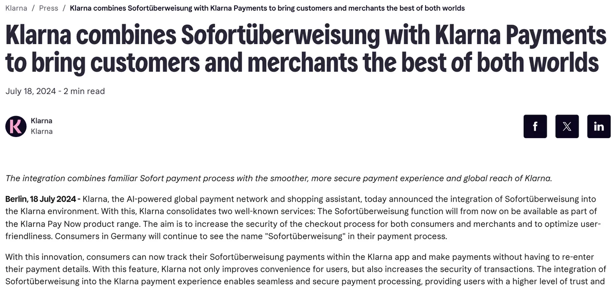 Mitteilung von Klarna vom 18. Juli 2024: Die Sofortüberweisung wird Teil von Klarna Pay Now