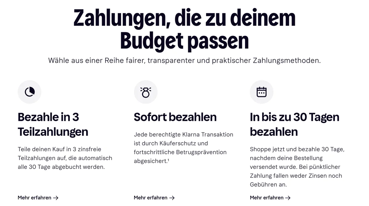 Klarna Schweiz: Bezahlen in 3 Teilzahlungen, Sofort bezahlen und in bis zu 30 Tagen, ohne Sofortüberweisung
