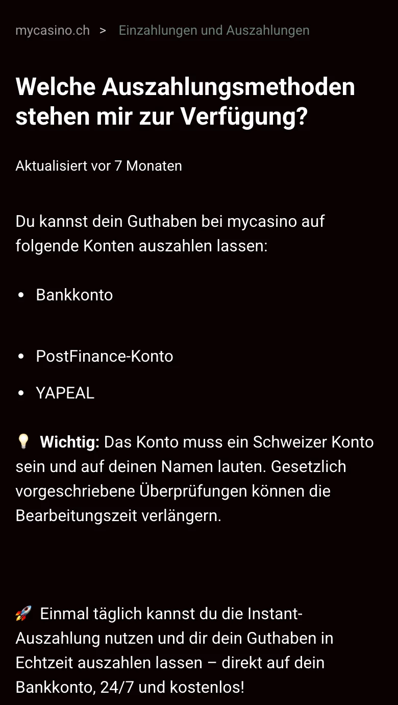 Auszahlungswege und Instant-Auszahlung bei mycasino auf dem Smartphone, Stand Oktober 2026