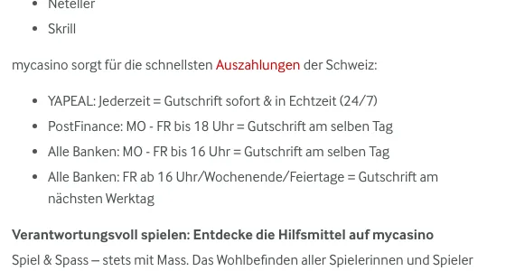 Auszahlungszeiten bei mycasino für Yapeal, PostFinance und andere Banken