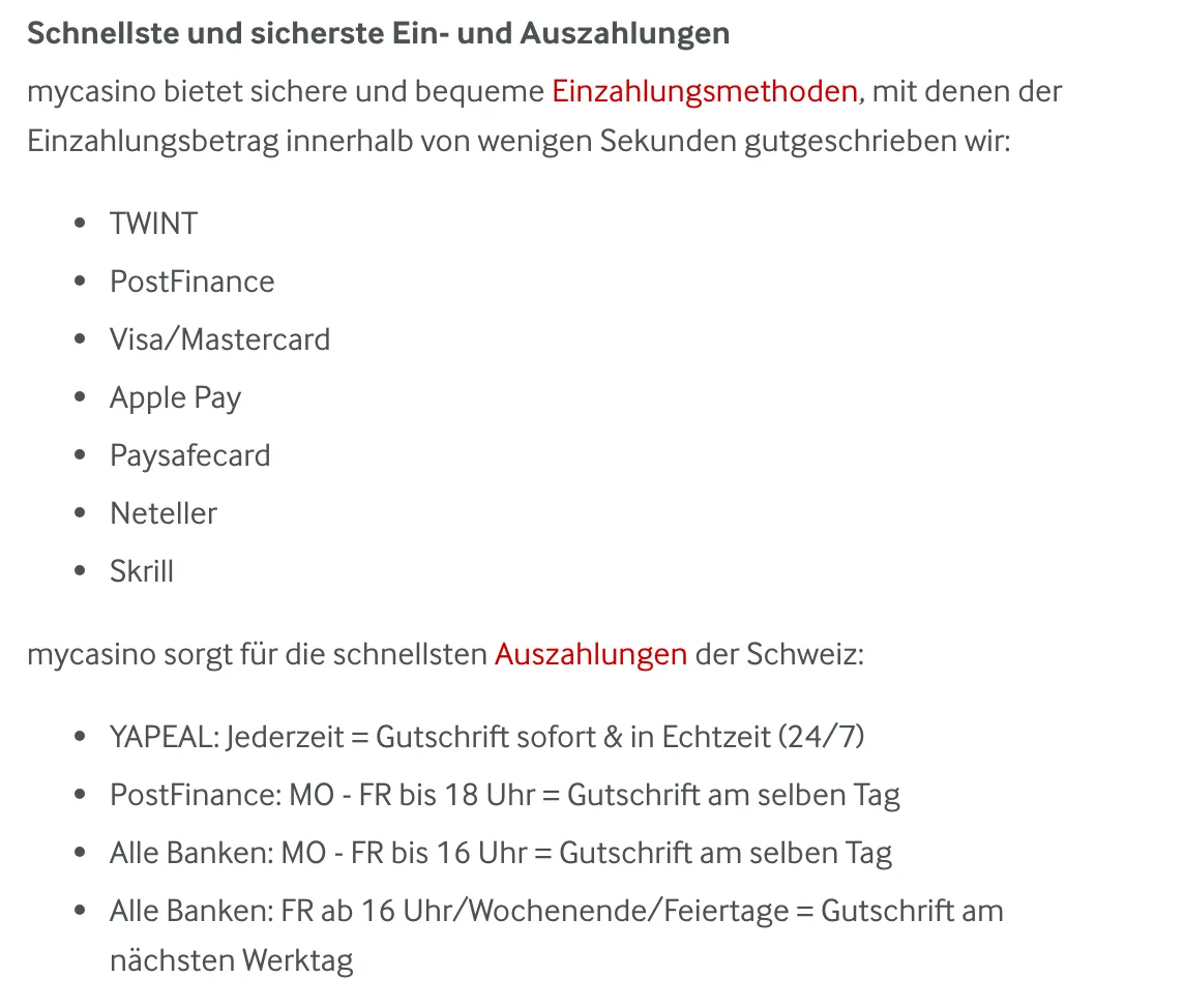mycasino zu Ein- und Auszahlungen: Yapeal sofort, PostFinance und Banken je nach Uhrzeit, Stand Oktober 2026