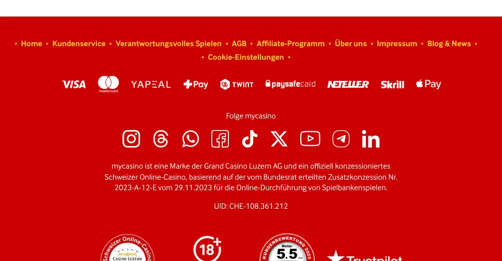 Footer von mycasino mit Konzessionsnummer 2023-A-12-E, Stand Oktober 2026