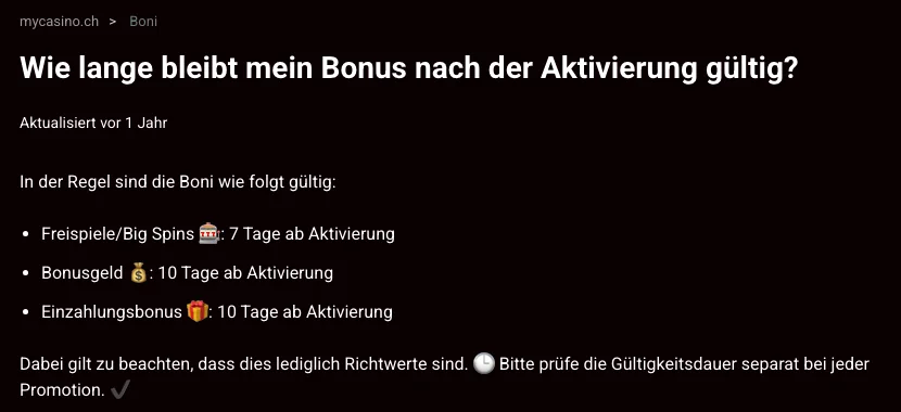 Hilfe-Center von mycasino: Freispiele 7 Tage, Bonusgeld 10 Tage gültig ab Aktivierung, Stand Oktober 2026