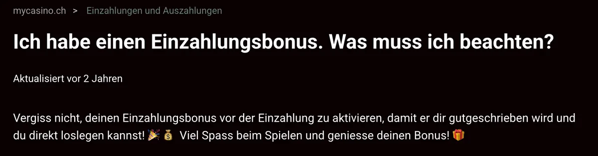 Hinweis von mycasino: Einzahlungsbonus vor der Zahlung aktivieren, Stand Oktober 2026