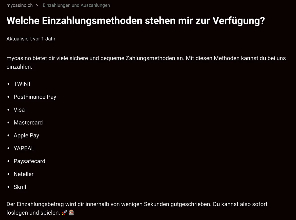 Hilfe von mycasino: neun Einzahlungswege, Gutschrift innert weniger Sekunden, Stand Oktober 2026