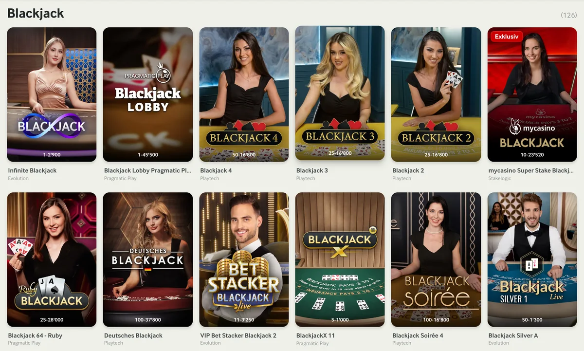 Live-Lobby von mycasino mit 126 Tischen und Einsatzrahmen je Tisch, Stand Oktober 2026