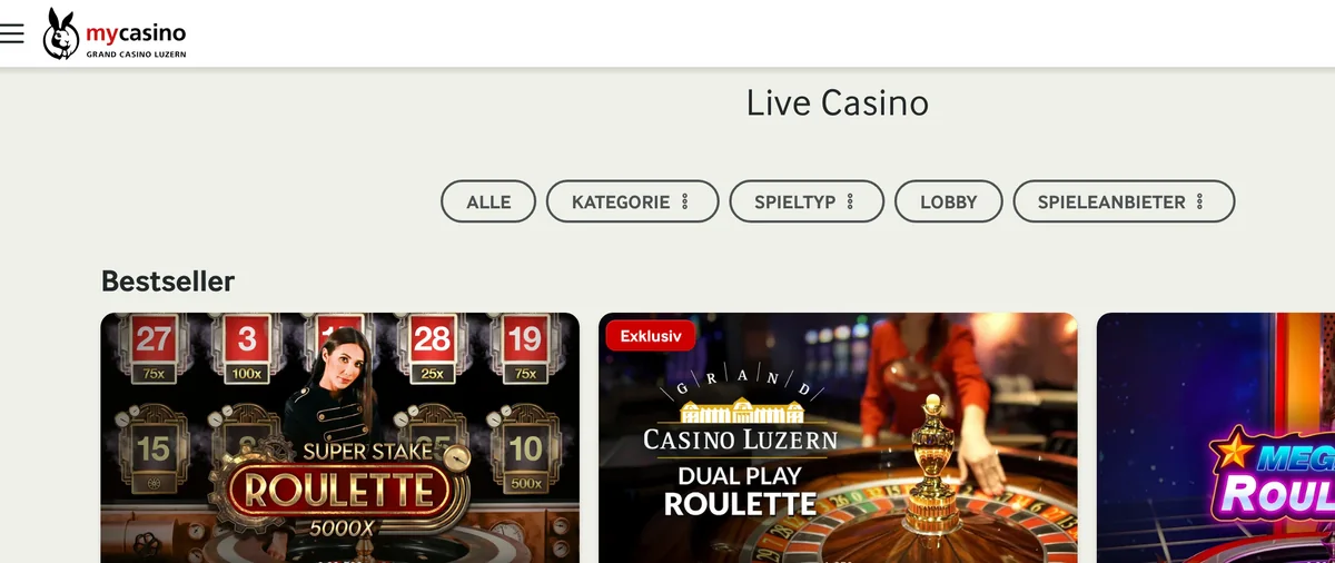 Live-Roulette aus dem Grand Casino Luzern in der Lobby von mycasino