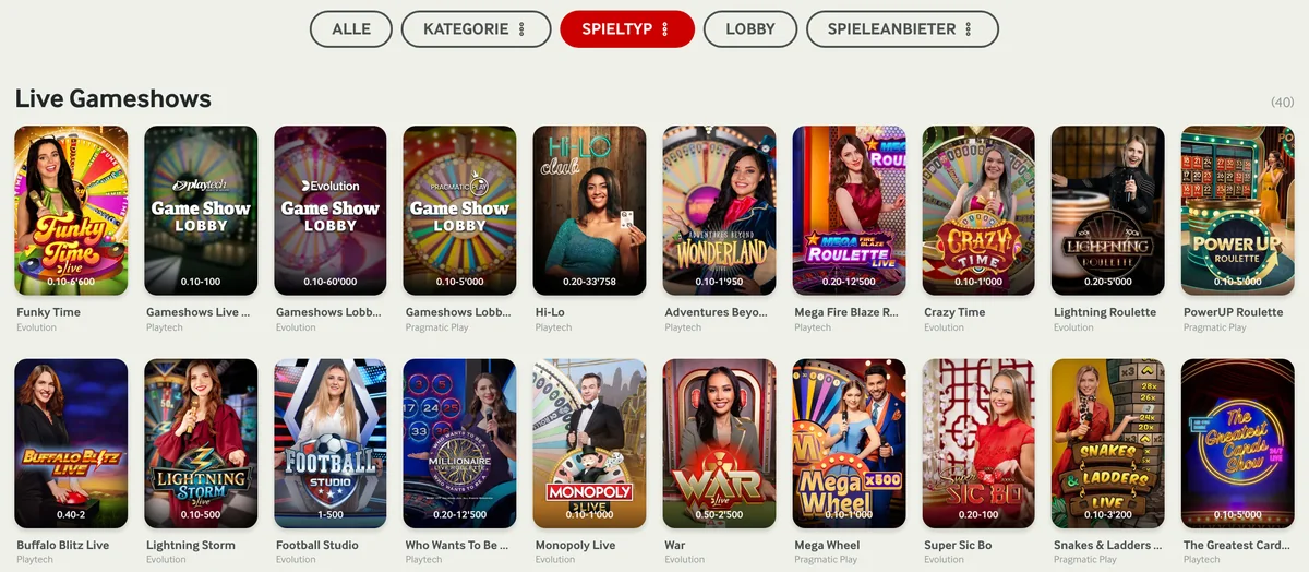 Live-Gameshows bei mycasino mit Funky Time und Crazy Time, Einsatzrahmen unter jedem Spiel
