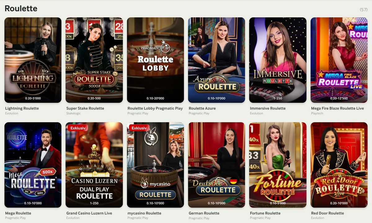 Live-Lobby von mycasino mit 57 Tischen, darunter Grand Casino Luzern Live für CHF 1 bis CHF 250
