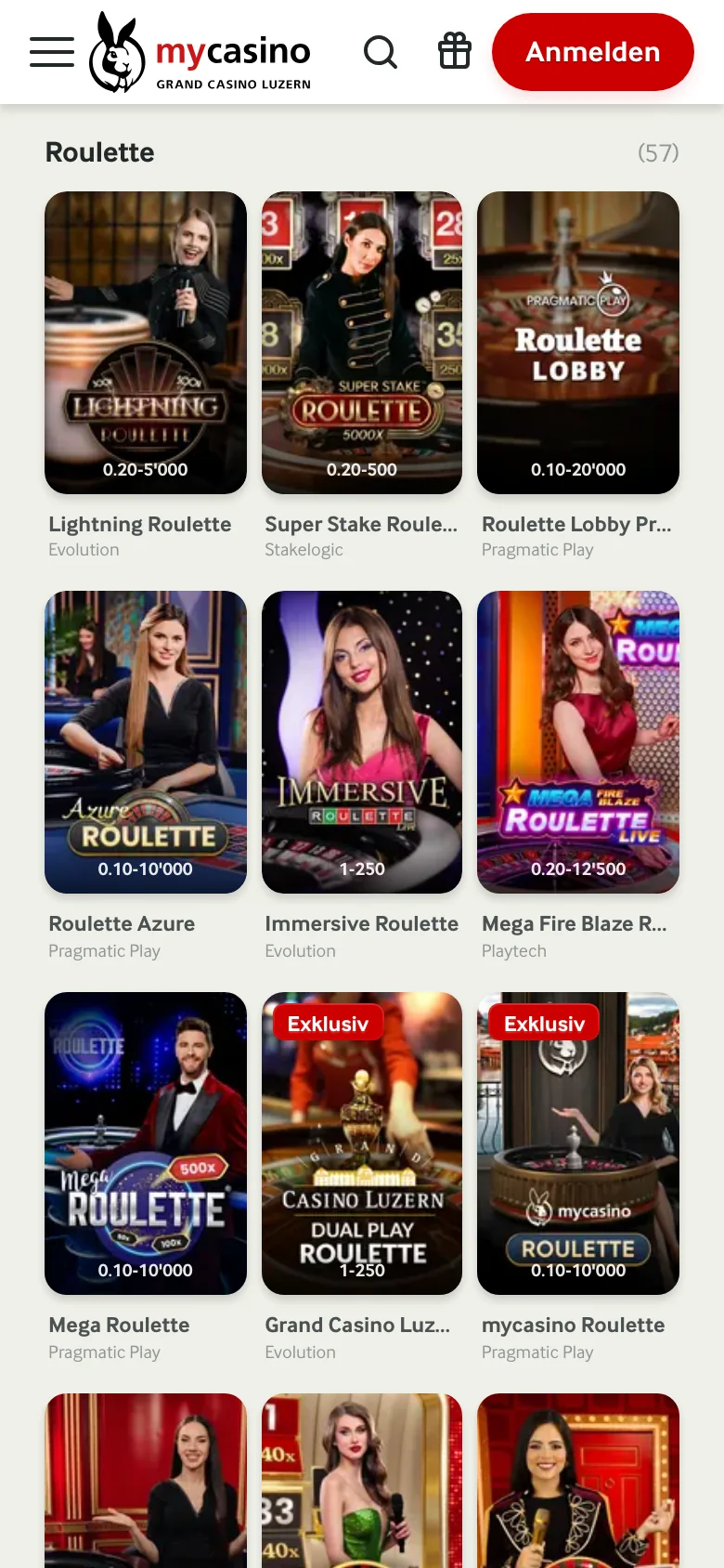 Live-Roulette-Lobby von mycasino auf dem Smartphone, Breite 390 Pixel