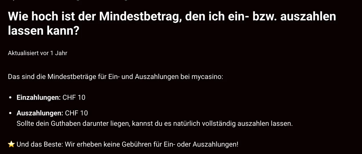 Mindestbeträge bei mycasino: CHF 10 für Einzahlung und Auszahlung, Stand Oktober 2026