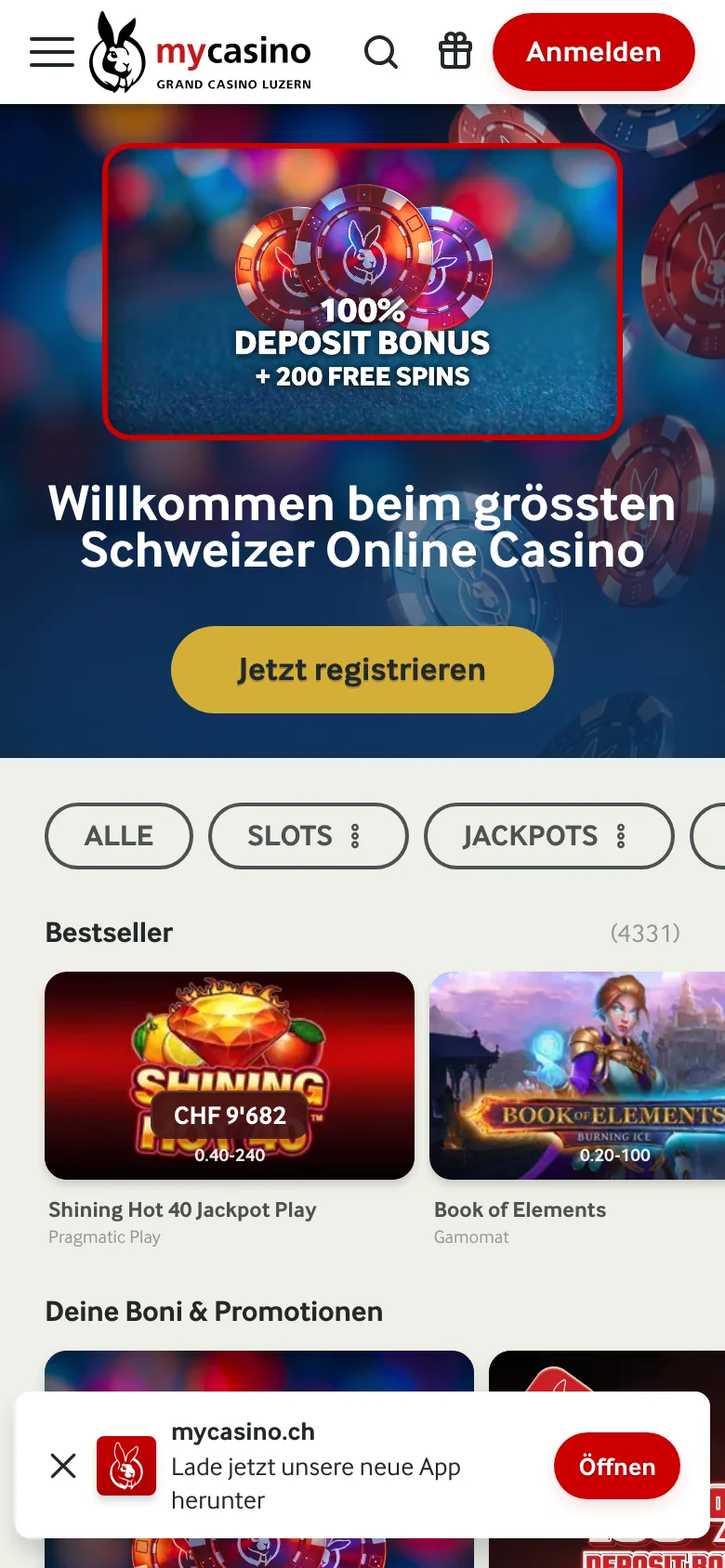 Mobile Ansicht von mycasino auf dem Smartphone, Breite 390 Pixel