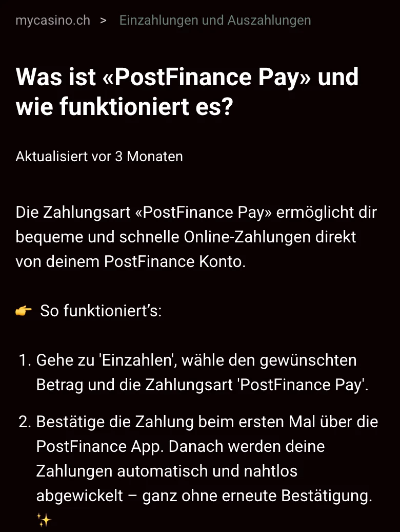 Hilfe von mycasino in der mobilen Ansicht: PostFinance Pay, Freigabe in der PostFinance App nur beim ersten Mal