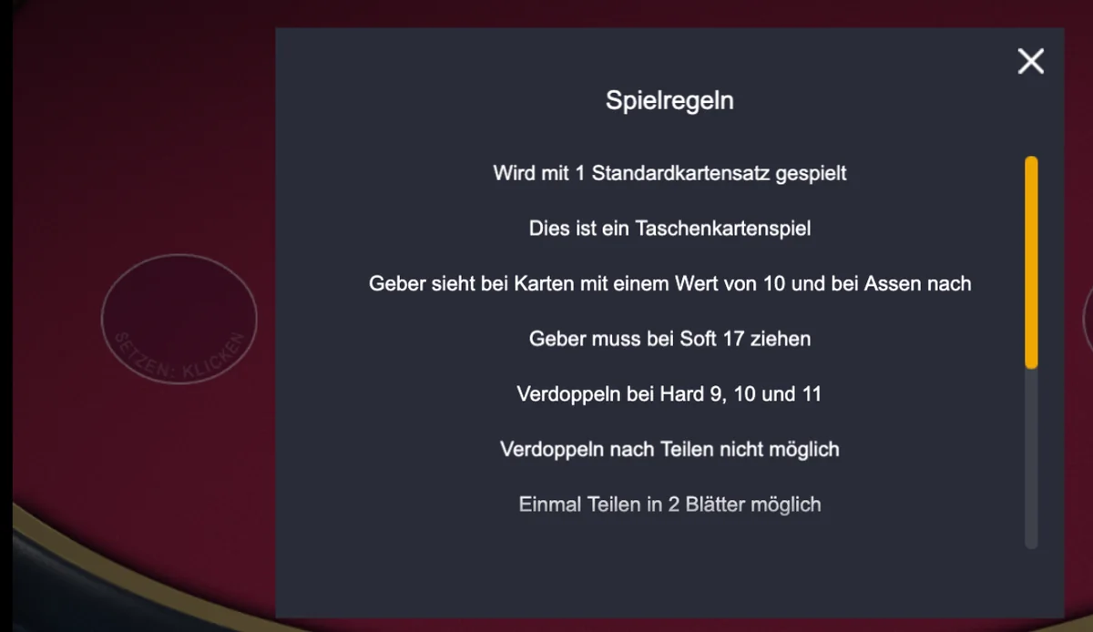 Spielregeln von Multihand Vegas Single Deck Blackjack bei mycasino: ein Deck, Geber zieht bei Soft 17