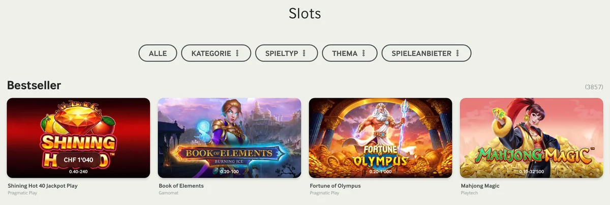 Slot-Lobby von mycasino mit Filtern nach Kategorie, Spieltyp, Thema und Spieleanbieter