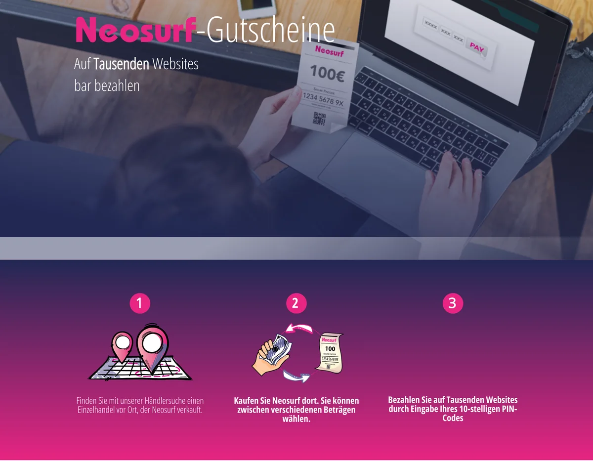 Produktseite des Neosurf-Gutscheins: bar kaufen und mit dem 10-stelligen PIN-Code bezahlen