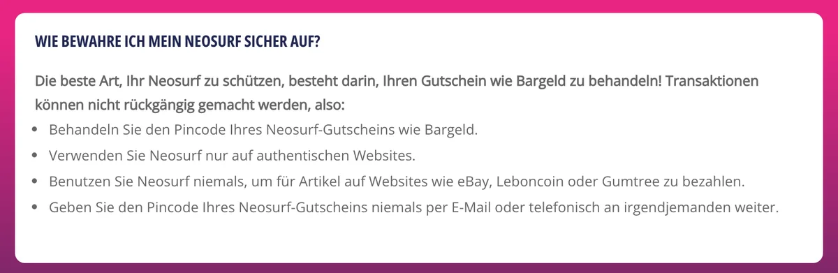 Sicherheitshinweise von Neosurf: Gutschein wie Bargeld behandeln, Pincode nie weitergeben