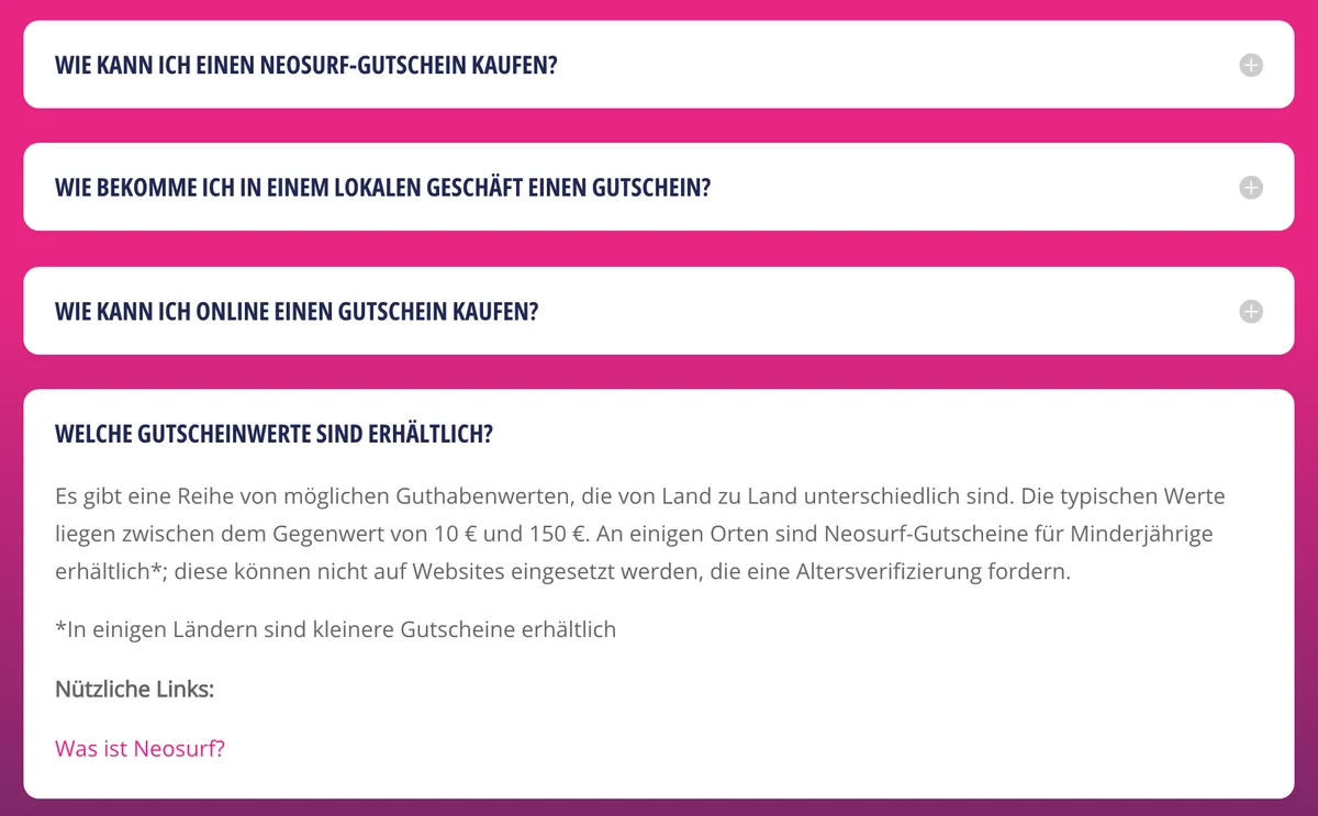 Neosurf-Hilfe zum Kauf: Gutscheinwerte je nach Land, typisch 10 bis 150 Euro