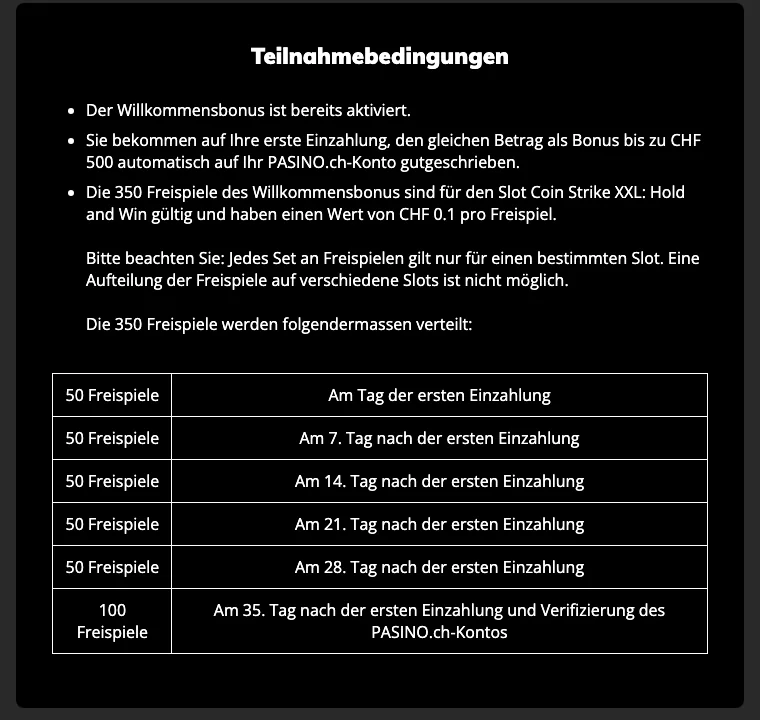 PASINO.ch: 350 Freispiele für Coin Strike XXL in sechs Tranchen über 35 Tage, Stand Oktober 2026