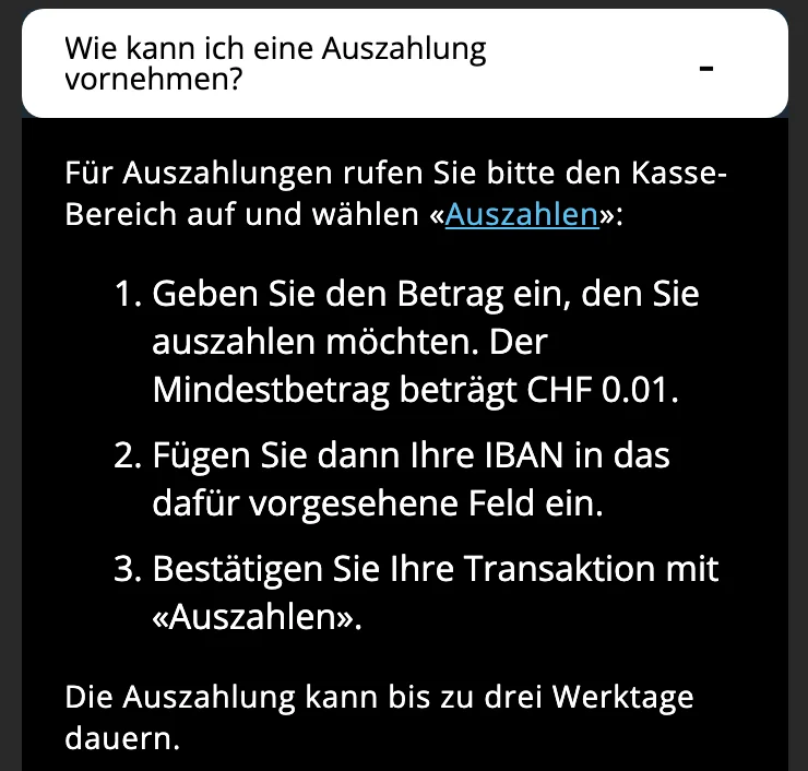 Hilfe von PASINO.ch: Mindestauszahlung CHF 0.01, bis zu drei Werktage, mobile Ansicht