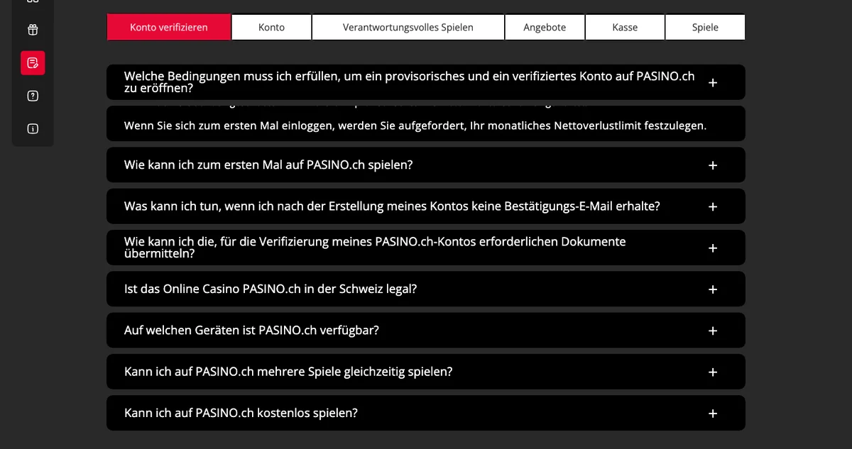 Hilfe von PASINO.ch zur Kontoeröffnung mit dem Hinweis auf das monatliche Nettoverlustlimit