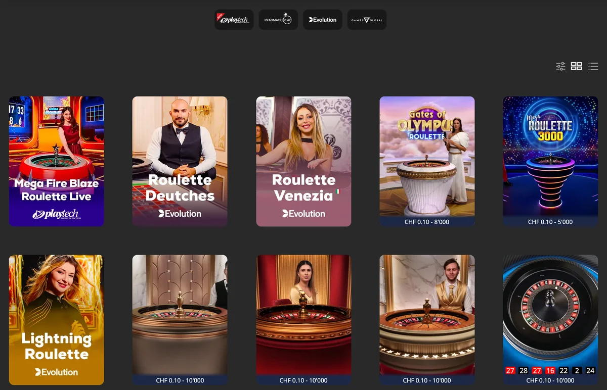 Live-Roulette bei PASINO.ch mit Tischen von Evolution und Playtech, Einsätze ab CHF 0.10