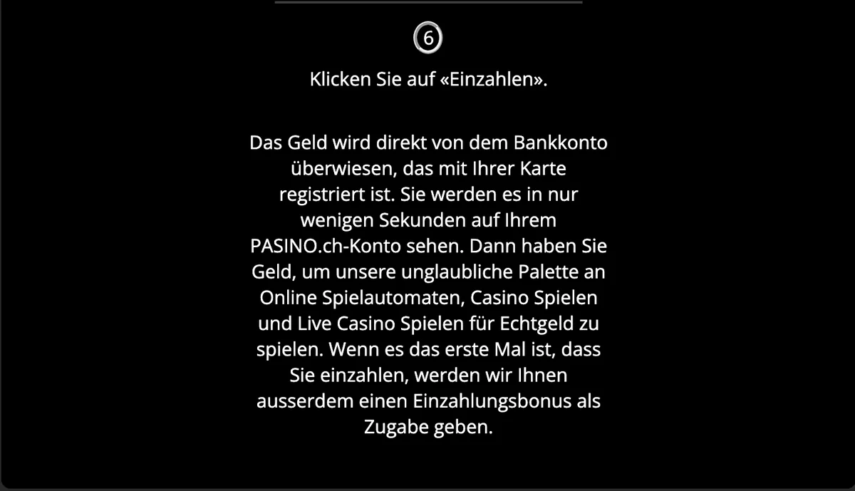 PASINO.ch zur Einzahlung mit Visa: Gutschrift in wenigen Sekunden, Einzahlungsbonus bei der ersten Einzahlung, Stand Oktober 2026