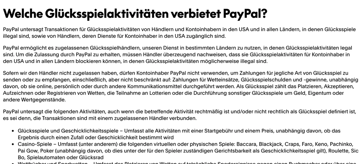 Hilfe-Artikel von PayPal Schweiz: Zahlungen für Glücksspiel nur mit zugelassenen Händlern, Casino-Spiele ausdrücklich genannt