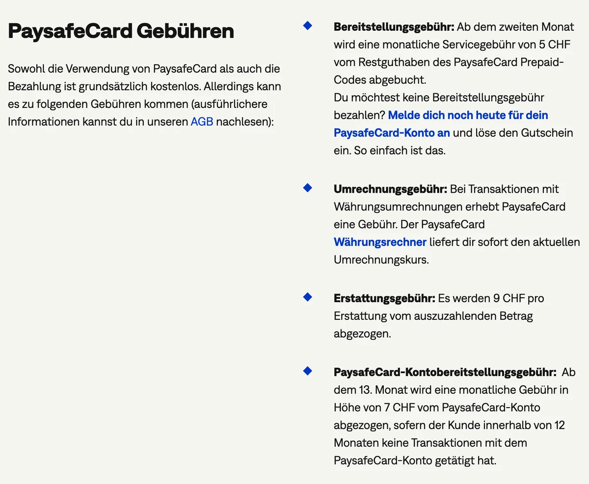 Gebühren von Paysafecard in der Schweiz: CHF 5 pro Monat ab dem zweiten Monat, CHF 9 pro Erstattung, CHF 7 beim inaktiven Konto, Stand Oktober 2026