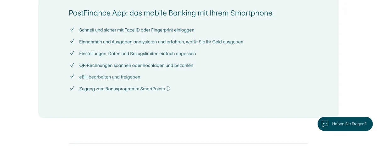 PostFinance-App-Seite: Login mit Face ID oder Fingerprint, Einnahmen und Ausgaben in der App