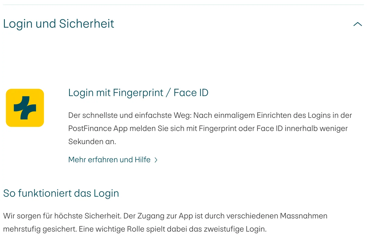 PostFinance zum Login der App: mit Fingerprint oder Face ID, zweistufig gesichert
