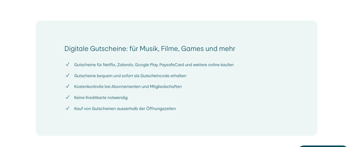 PostFinance-Seite zu digitalen Gutscheinen: Codes für Paysafecard und weitere Anbieter direkt aus der App