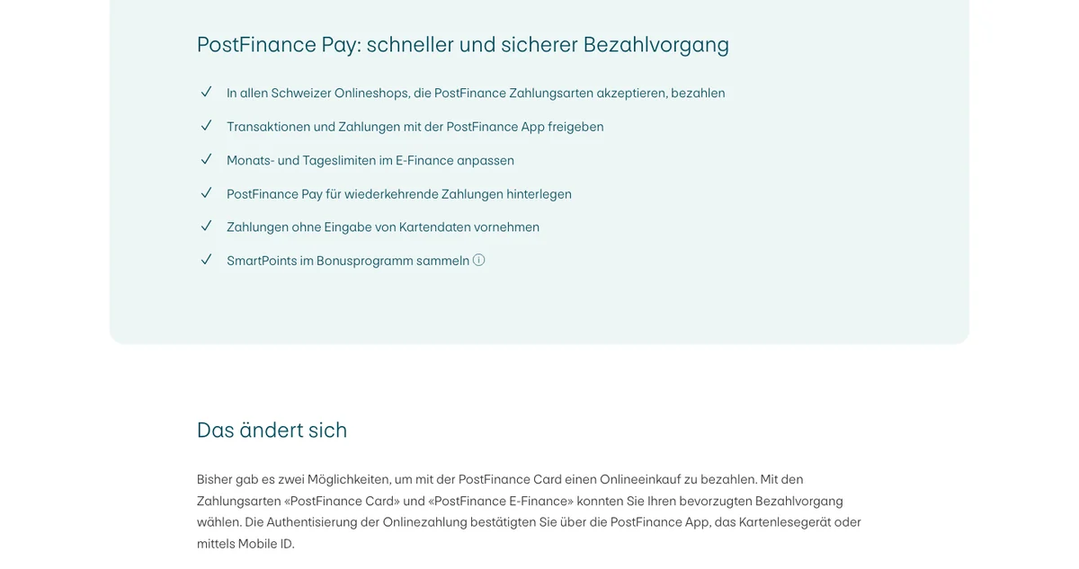 Seite «PostFinance Pay» von PostFinance: Zahlungen in Schweizer Onlineshops, Freigabe in der PostFinance App