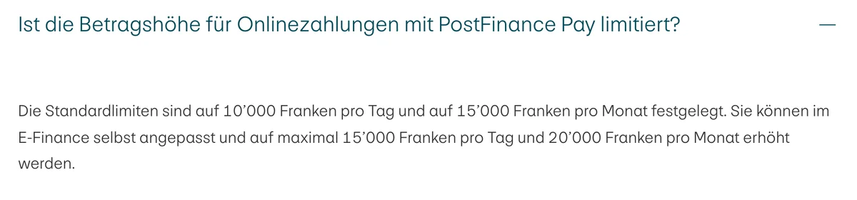 Standardlimiten von PostFinance Pay: CHF 10'000 pro Tag und CHF 15'000 pro Monat