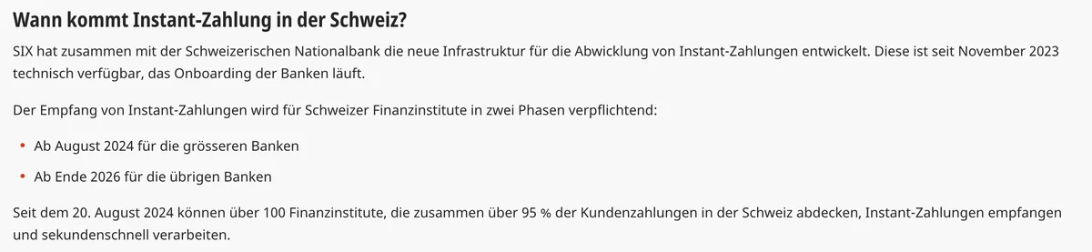 SIX zur Instant-Zahlung in der Schweiz: Pflicht ab August 2024 und ab Ende 2026