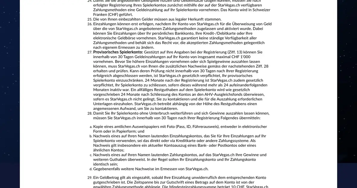 StarVegas-AGB, Ziffer 27: provisorisches Spielerkonto mit höchstens CHF 1'000 Einzahlungen in 30 Tagen