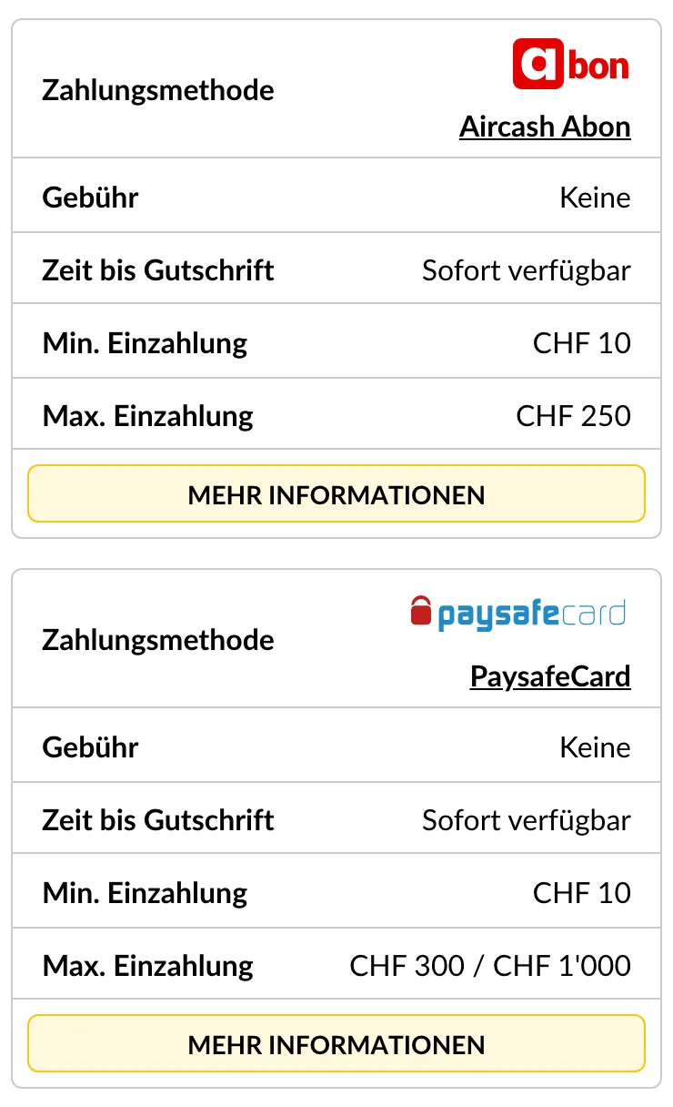 Prepaid-Wege bei StarVegas: Aircash Abon bis CHF 250 und PaysafeCard, mobile Ansicht, Stand Oktober 2026